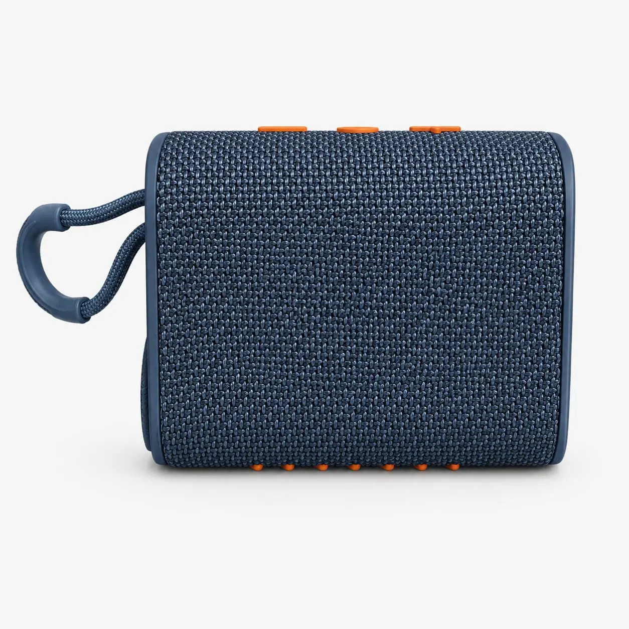 Bocina portátil bluetooth Go4 Pro de 8W de color azul marino con botones naranjas y asa integrada