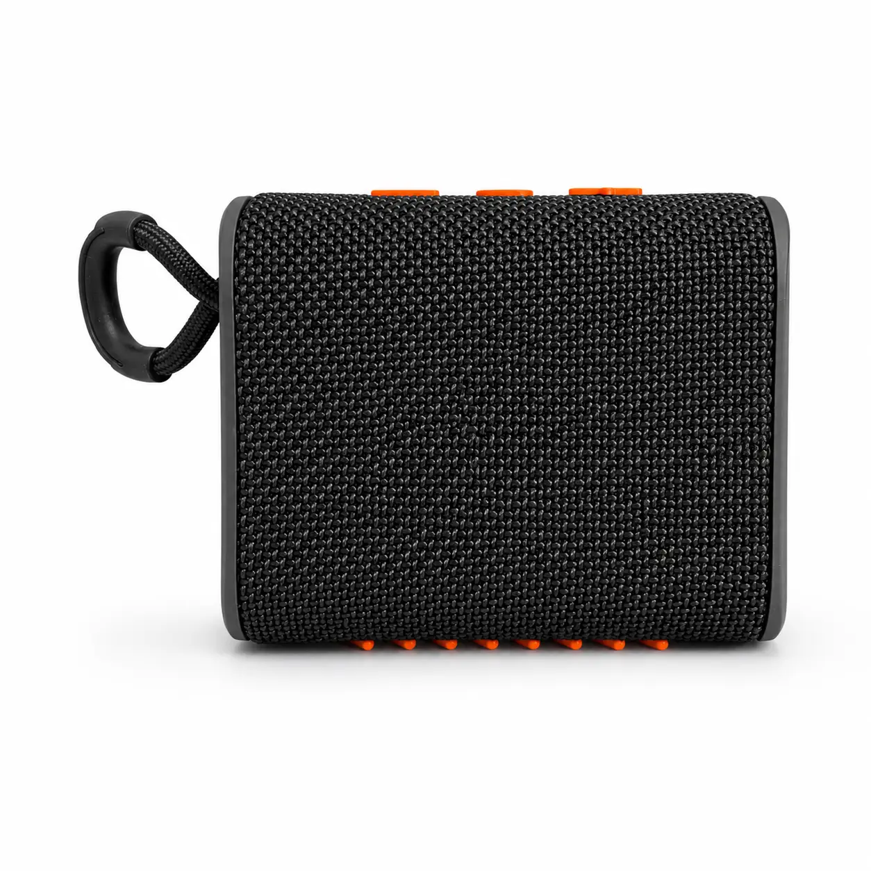 Bocina portátil bluetooth Go4 Pro de 8W de color negro con detalles naranjas y correa de transporte