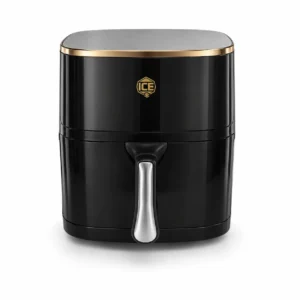 Freidora de aire digital ICE de 10 litros de color negro con acabados dorados superiores y mango plateado