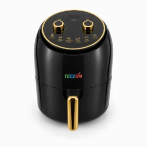 Freidora de aire Teczon de 5 litros de color negro brillante con perillas y mango de agarre dorados