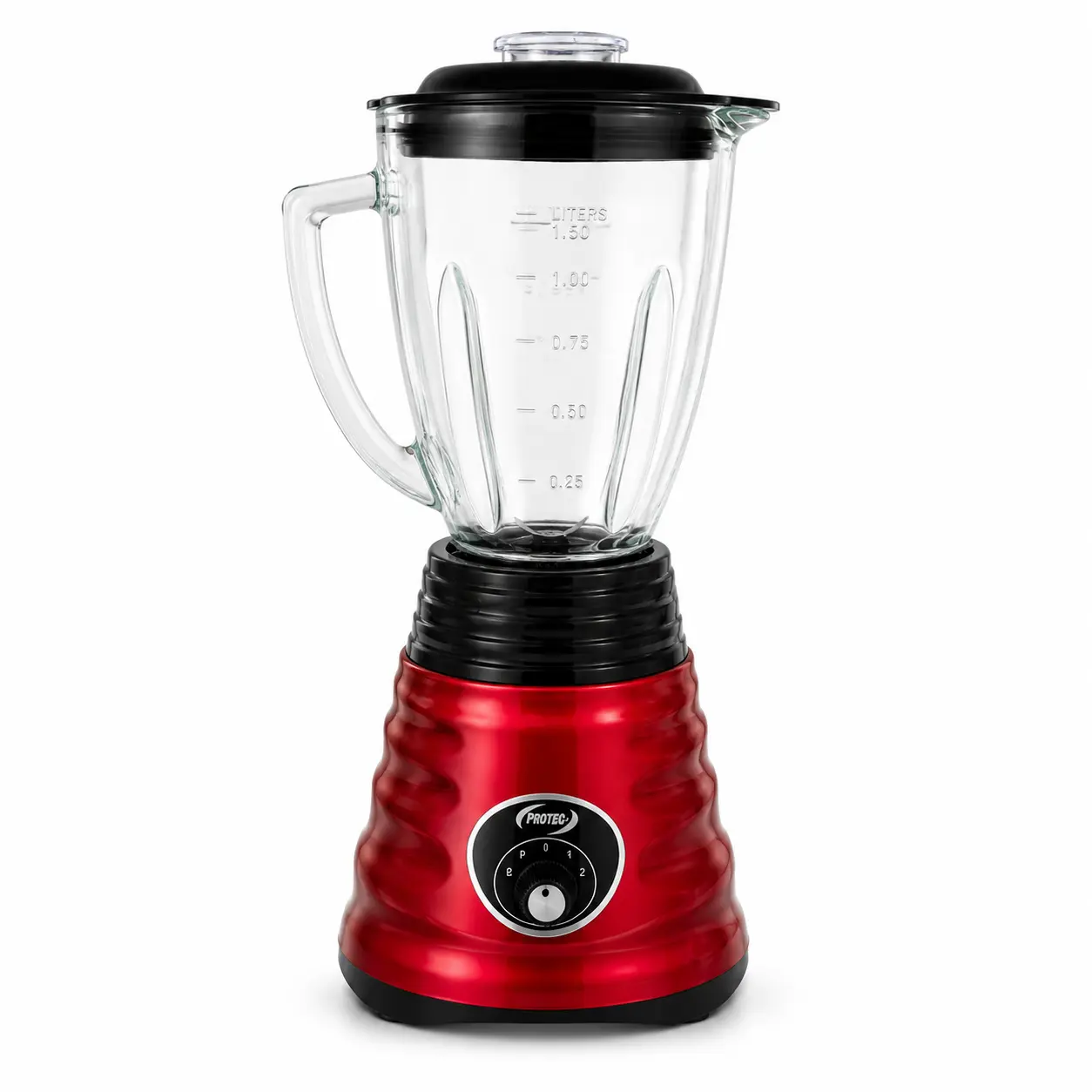 Licuadora Protege PRB-202B con vaso de cristal de 1.5 litros disponible en azul y rojo.