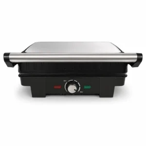 Tostadora panini Premier tipo grill cerrada con acabado superior en acero inoxidable y perilla de temperatura frontal